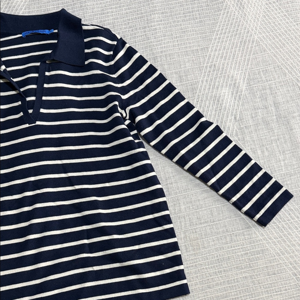J. McLaughlin Navy and White Striped V-Neck Polo Sweater